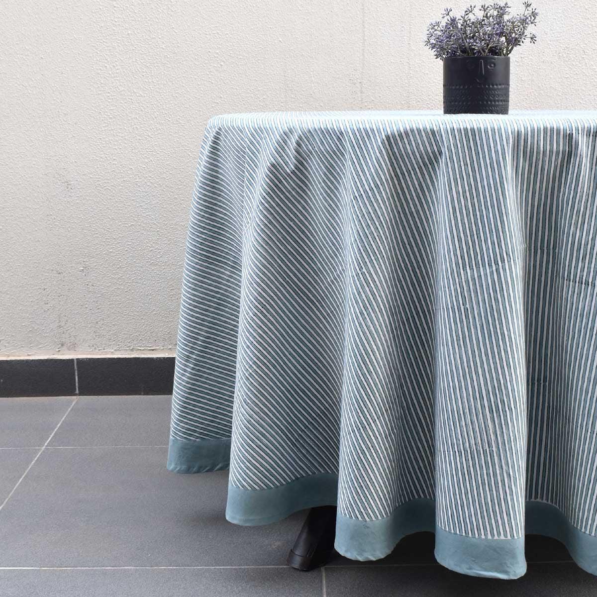 Hand Block Printed Cotton Round Tablecloth 220 cms| Two Stripe Starlight 202212