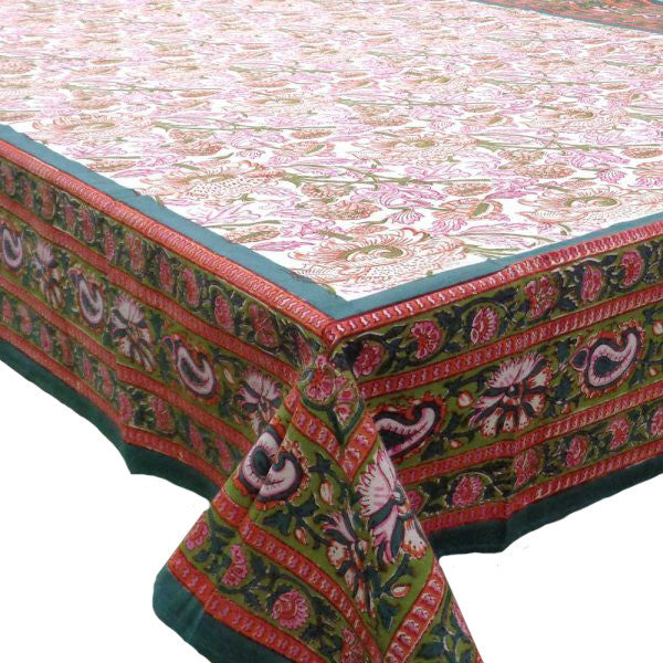 Hand Block Printed Cotton Tablecloth 150x220 | Amarnath Green Open 105202