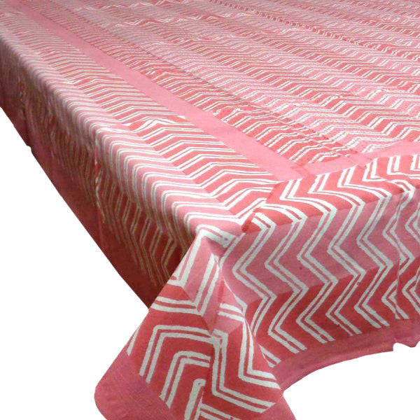 Hand Block Printed Cotton Tablecloth 150x220 | Chevron Pink 9304