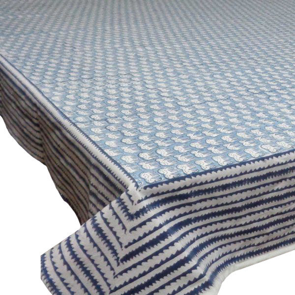 Hand Block Printed Cotton Tablecloth 150x220 | Elephant Blue 103474