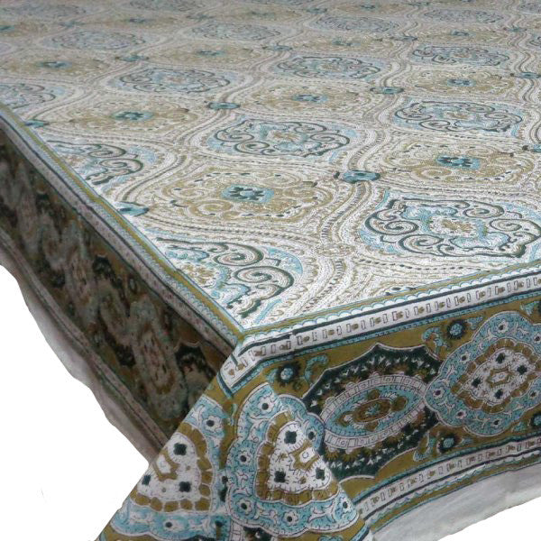 Hand Block Printed Cotton Tablecloth 150x220 | Imperial Jade Olive 103484