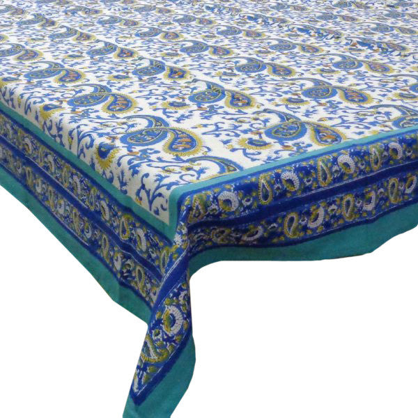Hand Block Printed Cotton Tablecloth 150x220 | Paisley Blue Open 108985
