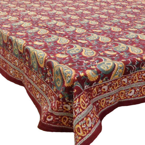 Hand Block Printed Cotton Tablecloth 150x220 | Paisley Maroon 108982