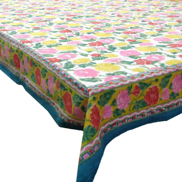 Hand Block Printed Cotton Tablecloth 150x220 | Pastel Flower Open 109153