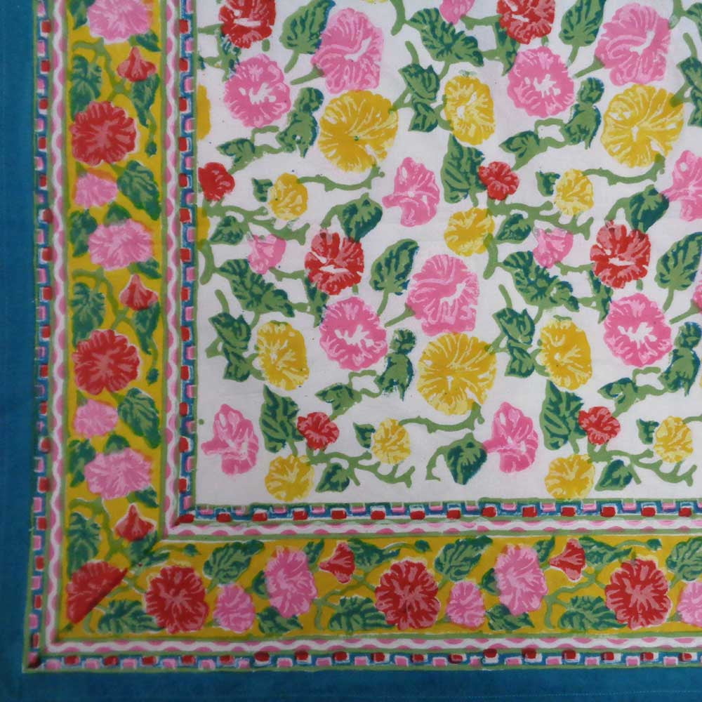 Hand Block Printed Cotton Tablecloth 150x220 | Pastel Flower Open 109153