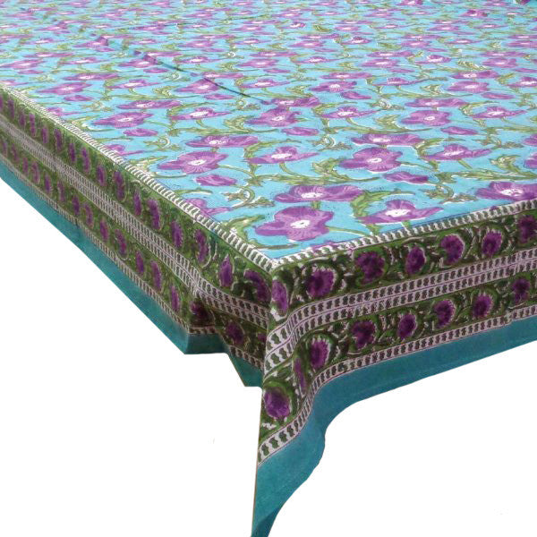 Hand Block Printed Cotton Tablecloth 150x220 | Purple Flower Gud 109171
