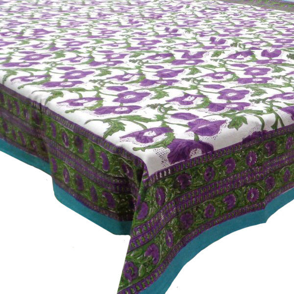 Hand Block Printed Cotton Tablecloth 150x220 | Purple Flower Open 105191
