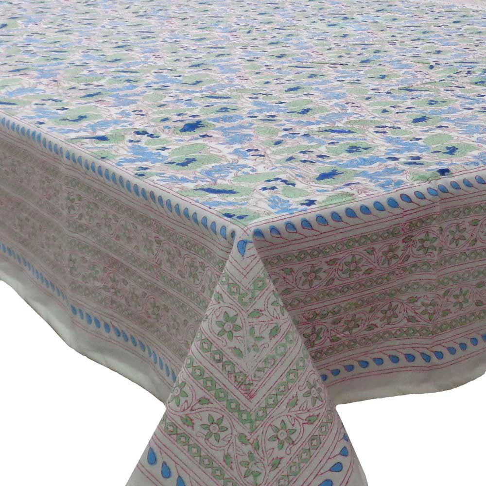 Hand Block Printed Cotton Tablecloth 150x220 cm | Bush Flower Green 103543