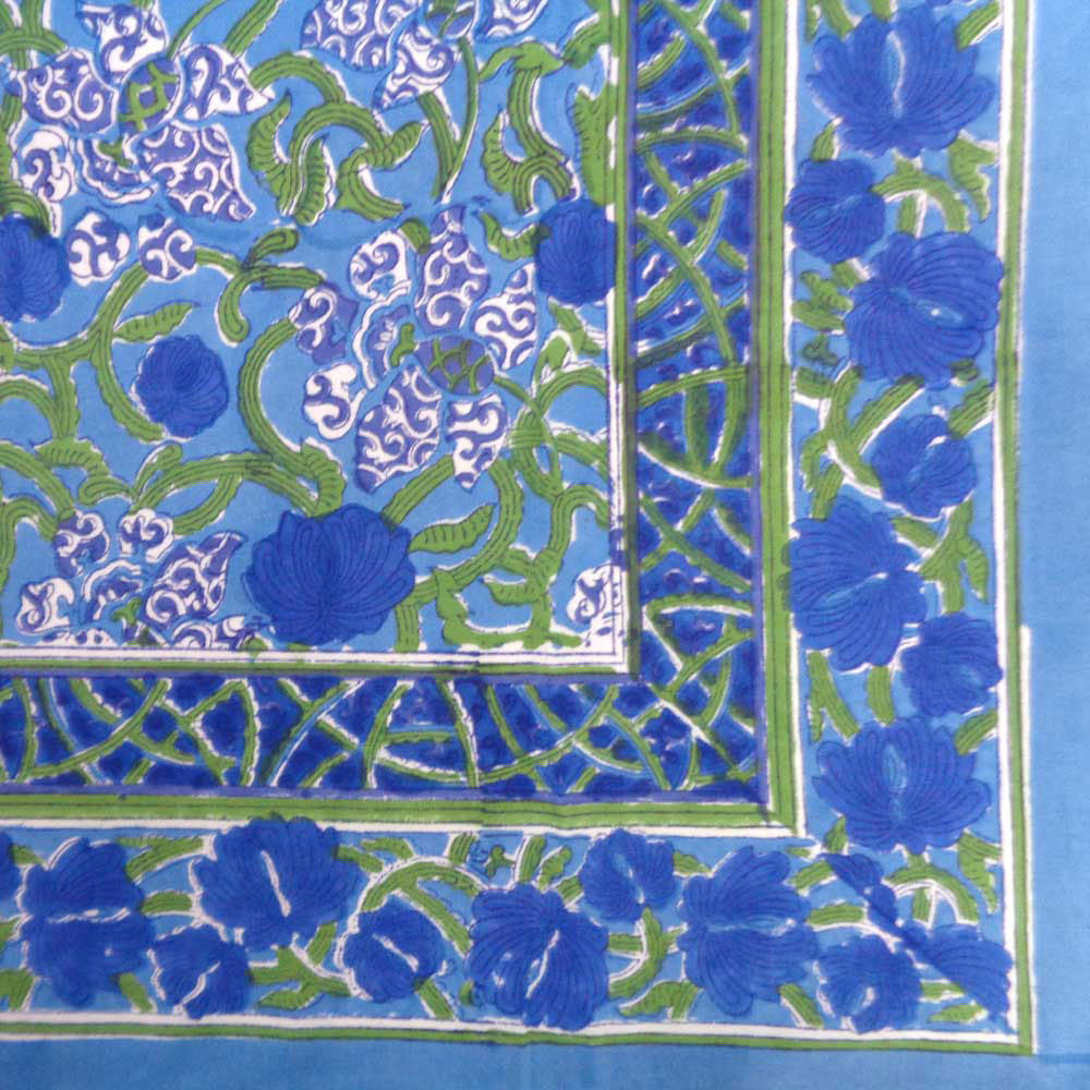 Hand Block Printed Cotton Tablecloth 150x220 cm | Daffodils Blue Gud 3437