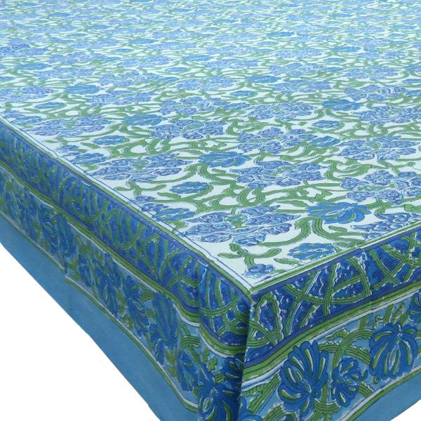 Hand Block Printed Cotton Tablecloth 150x220 cm | Daffodils Blue Open 109187