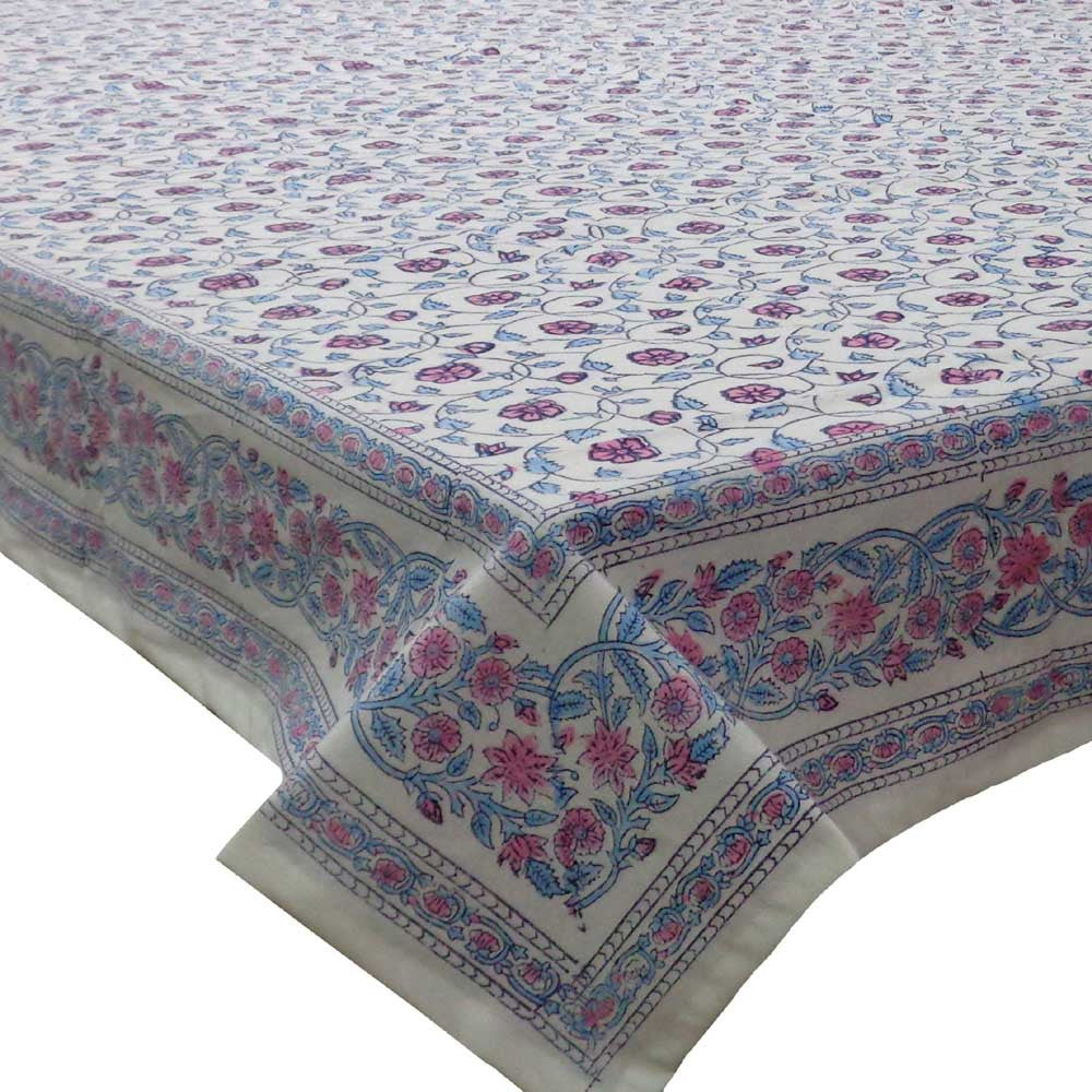 Hand Block Printed Cotton Tablecloth 150x220 cm | Floral Kali Pink 103554