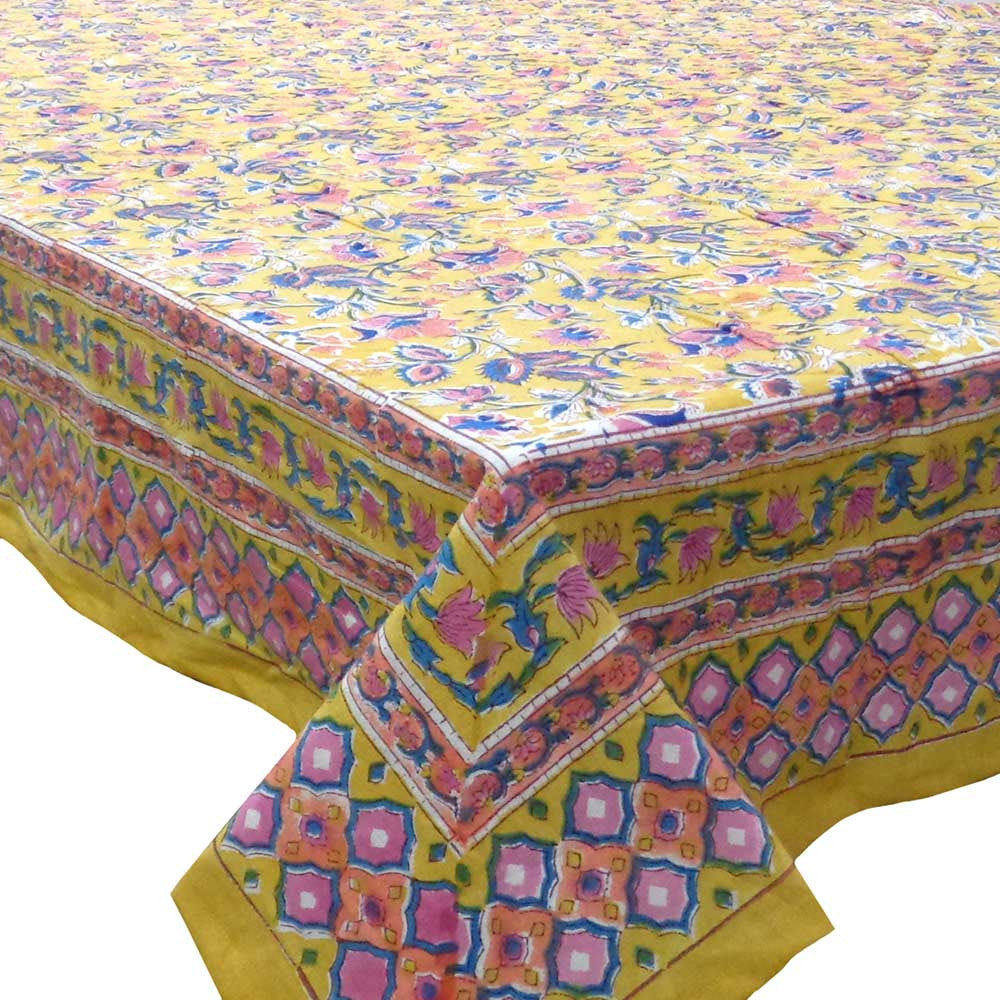 Hand Block Printed Cotton Tablecloth 150x220 cm | Flower Canary Yellow 100581