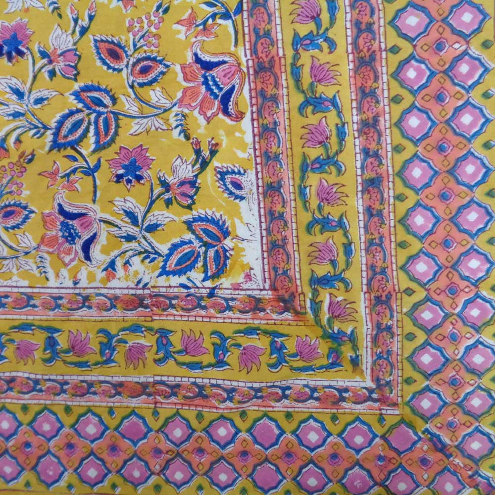 Hand Block Printed Cotton Tablecloth 150x220 cm | Flower Canary Yellow 100581