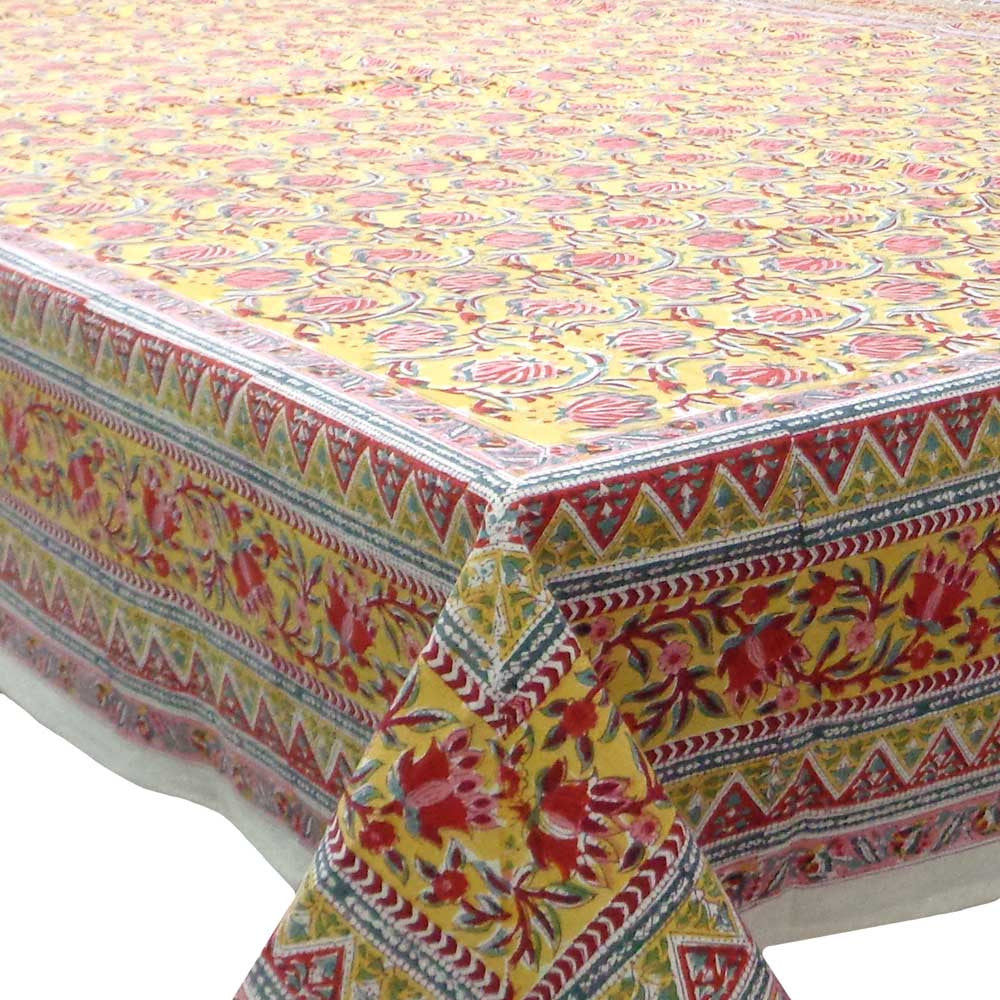Hand Block Printed Cotton Tablecloth 150x220 cm | Frost Mustard Floral Gud 109019