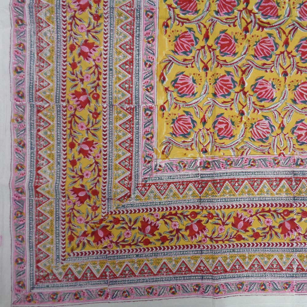 Hand Block Printed Cotton Tablecloth 150x220 cm | Frost Mustard Floral Gud 109019