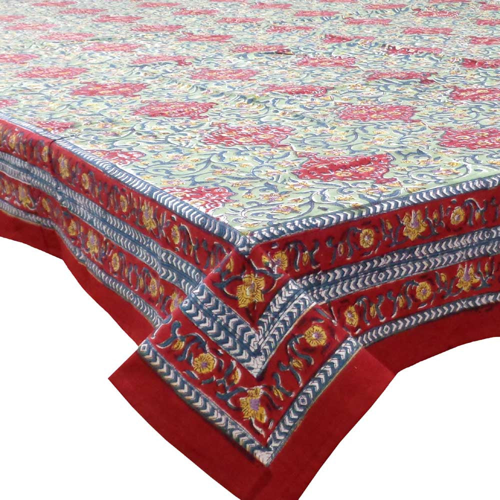 Hand Block Printed Cotton Tablecloth 150x220 cm | Green Motif Gud 103715