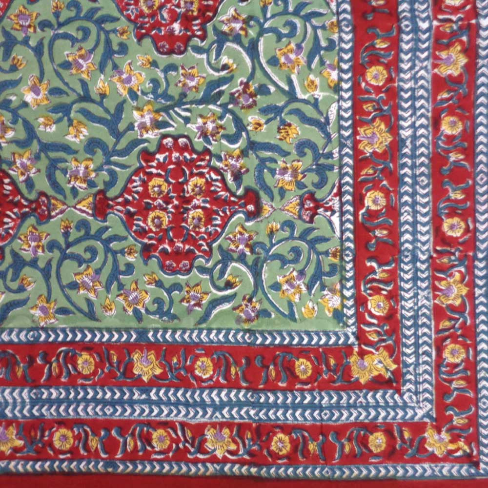 Hand Block Printed Cotton Tablecloth 150x220 cm | Green Motif Gud 103715