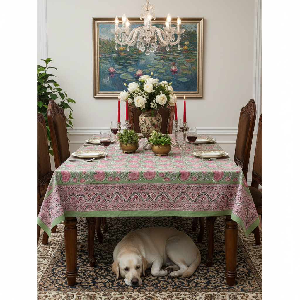 Hand Block Printed Cotton Tablecloth 150x220 cm | Kamal Gulabi Gud 206591