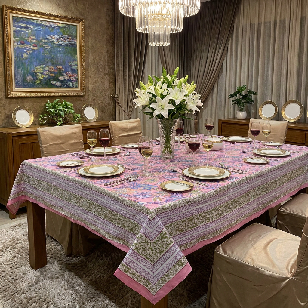 Hand Block Printed Cotton Tablecloth 150x220 cm | Misty Pink Gud 103650