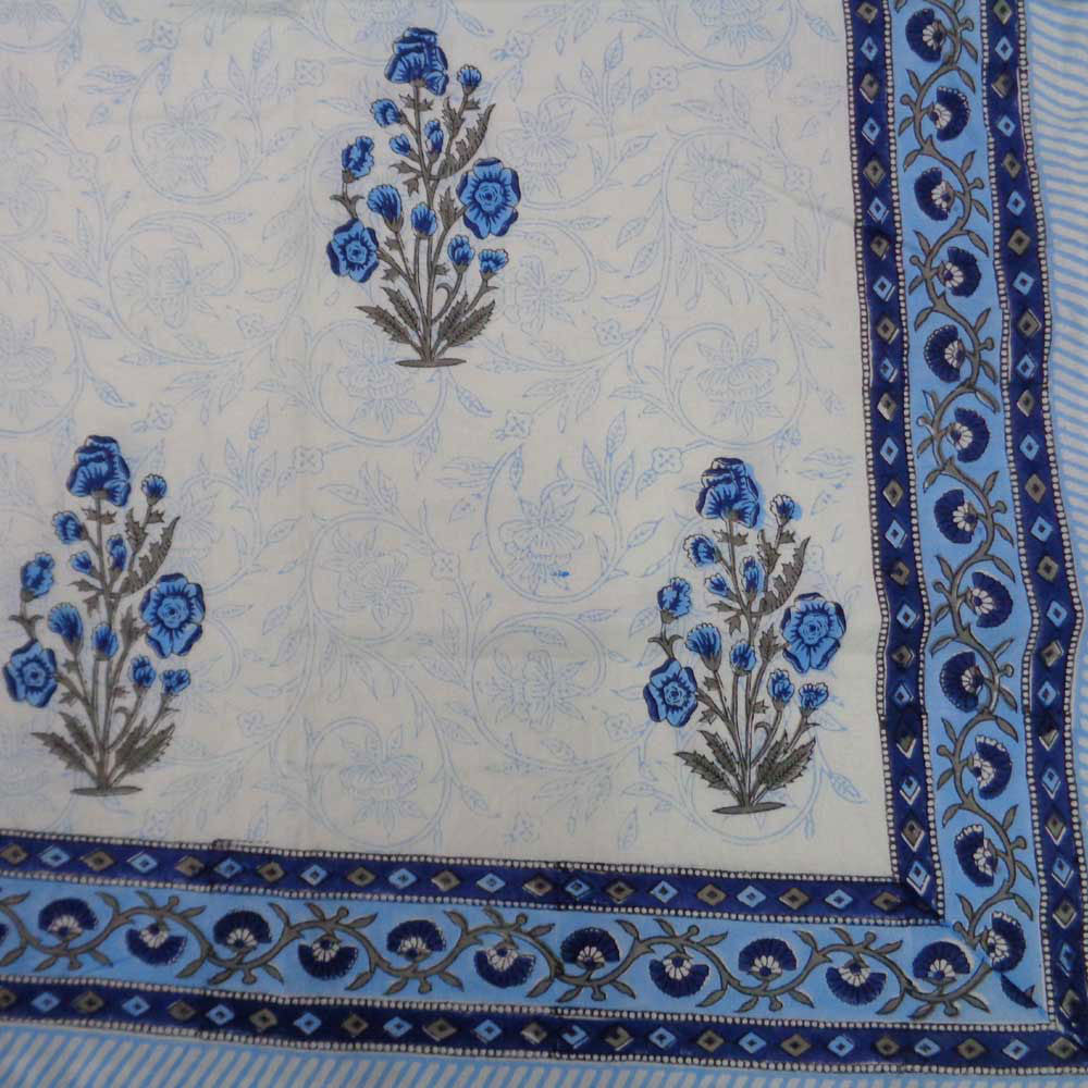 Hand Block Printed Cotton Tablecloth 150x220 cm | Teen Phool Nila 103570