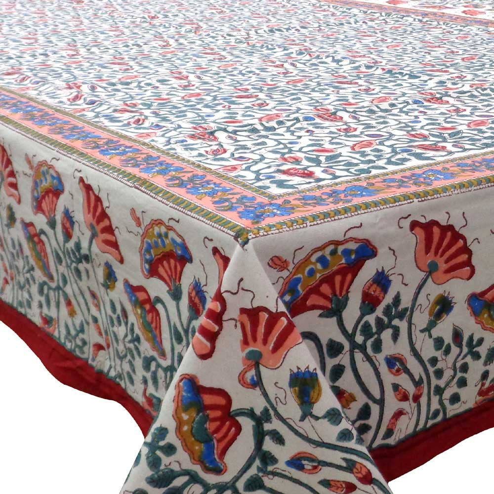 Hand Block Printed Cotton Tablecloth 150x220 cm | Waterlily Red Jaal 103731
