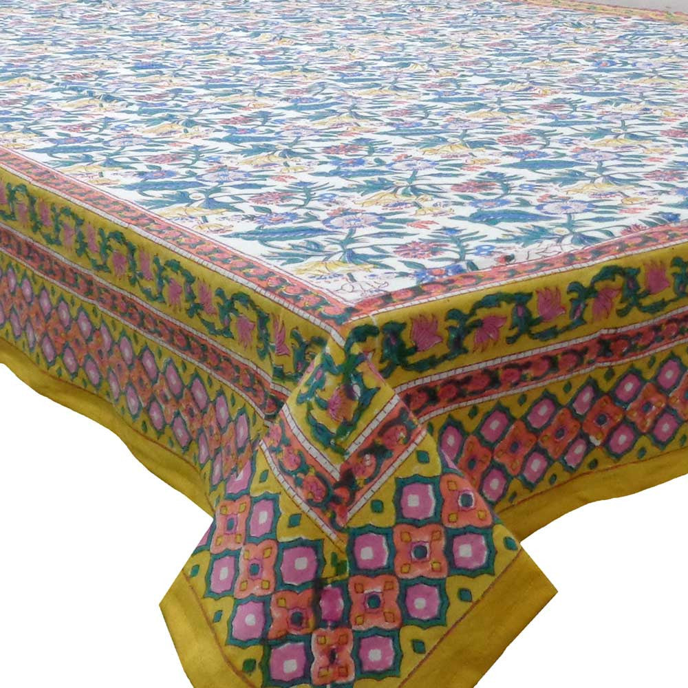 Hand Block Printed Cotton Tablecloth 150x220 cm | Wild Flower Canary Yellow 202201
