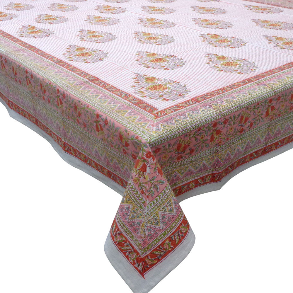 Hand Block Printed Cotton Tablecloth 150x220 cms |  Frost Pink Floral Boota 202817