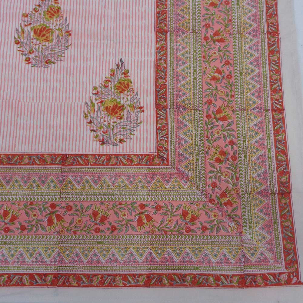 Hand Block Printed Cotton Tablecloth 150x220 cms |  Frost Pink Floral Boota 202817