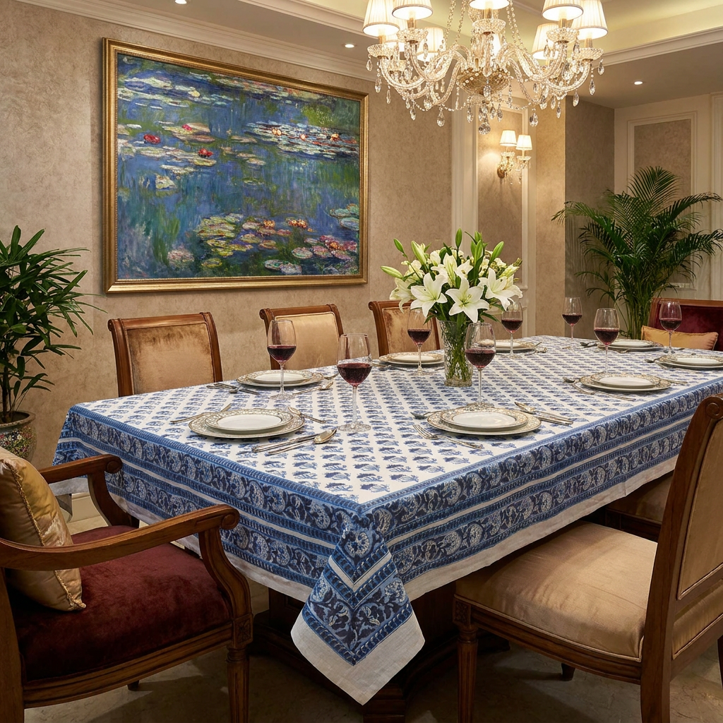 Hand Block Printed Cotton Tablecloth 150x220 cms |  Marigold Teal 230514