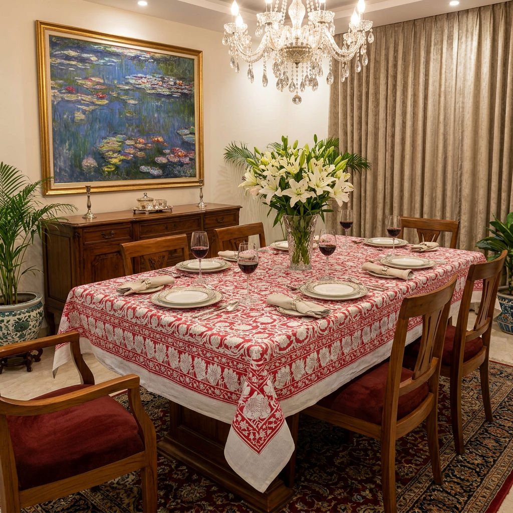 Hand Block Printed Cotton Tablecloth 150x220 cms | Bauhaus Lolipop 502191