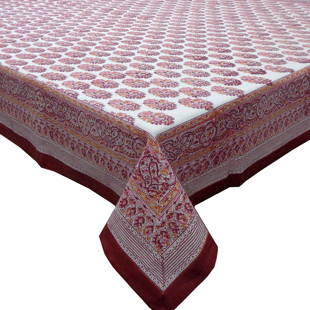 Hand Block Printed Cotton Tablecloth 150x220 cms | Big Paisley Pink Boota 100975