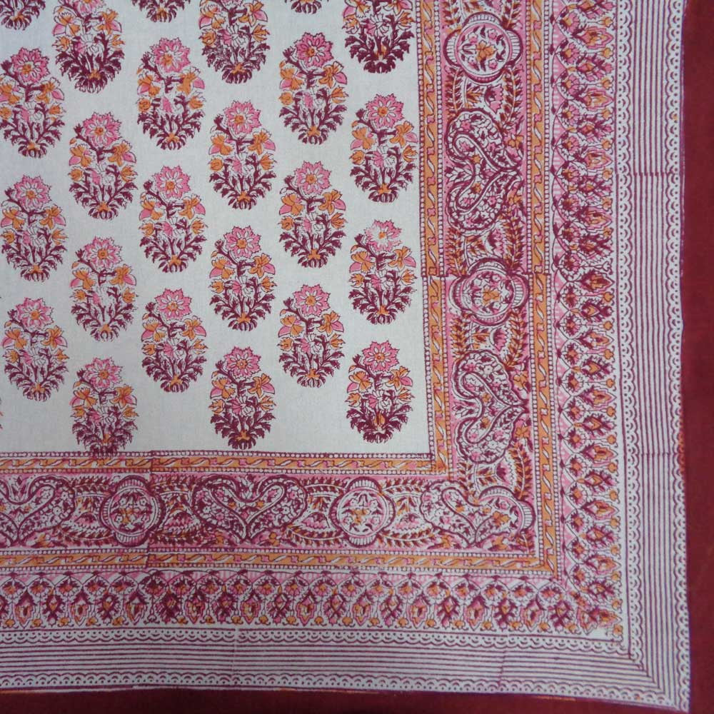 Hand Block Printed Cotton Tablecloth 150x220 cms | Big Paisley Pink Boota 100975
