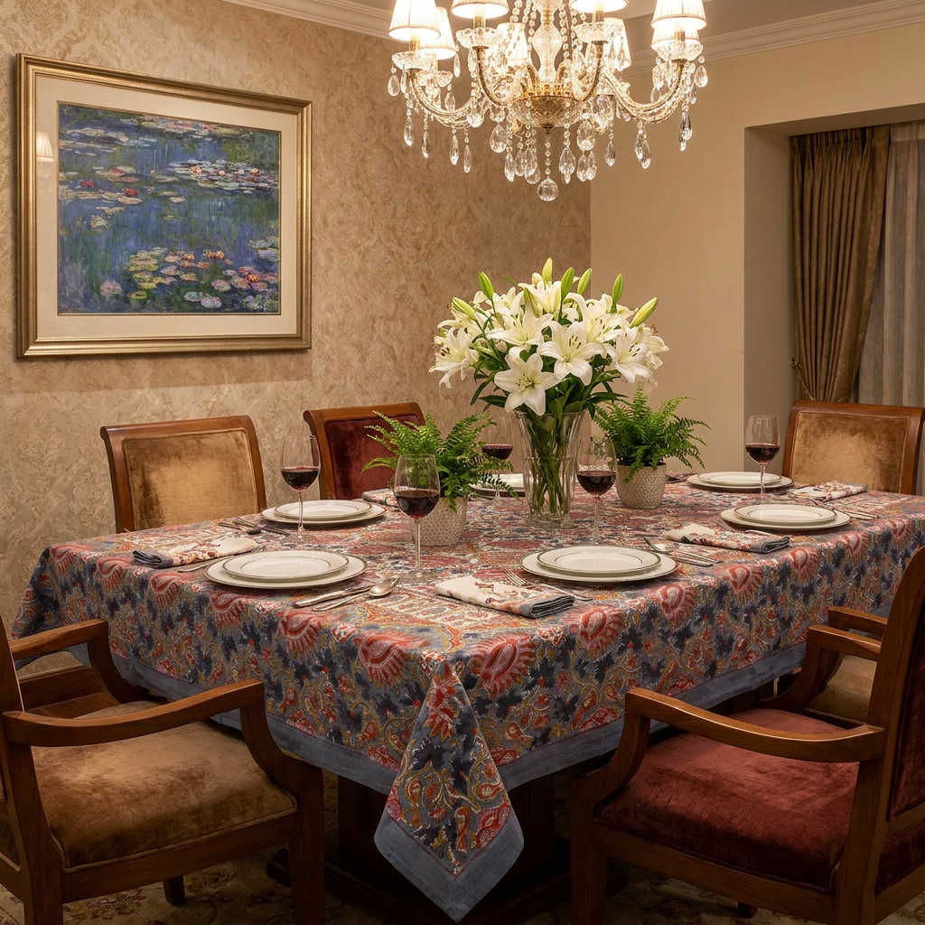 Hand Block Printed Cotton Tablecloth 150x220 cms | Bird Of Paradise Open 204059