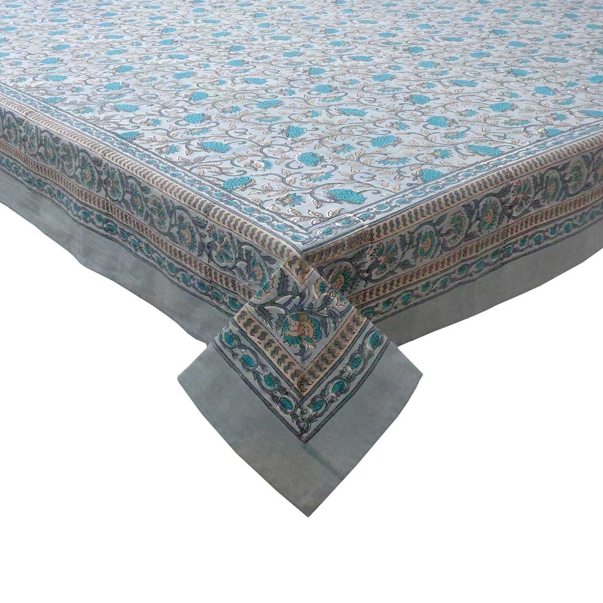 Hand Block Printed Cotton Tablecloth 150x220 cms | Blue Flower Gud 801419