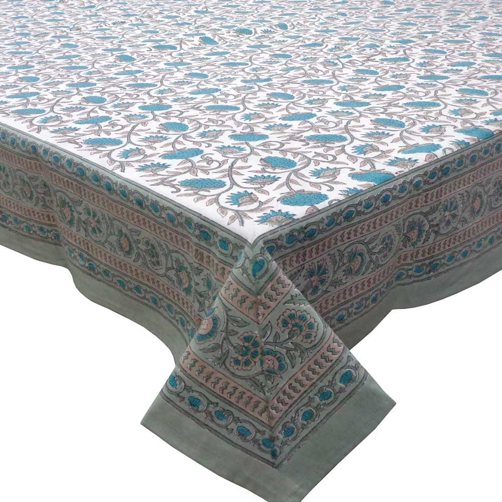 Hand Block Printed Cotton Tablecloth 150x220 cms | Blue Flower Open 203193