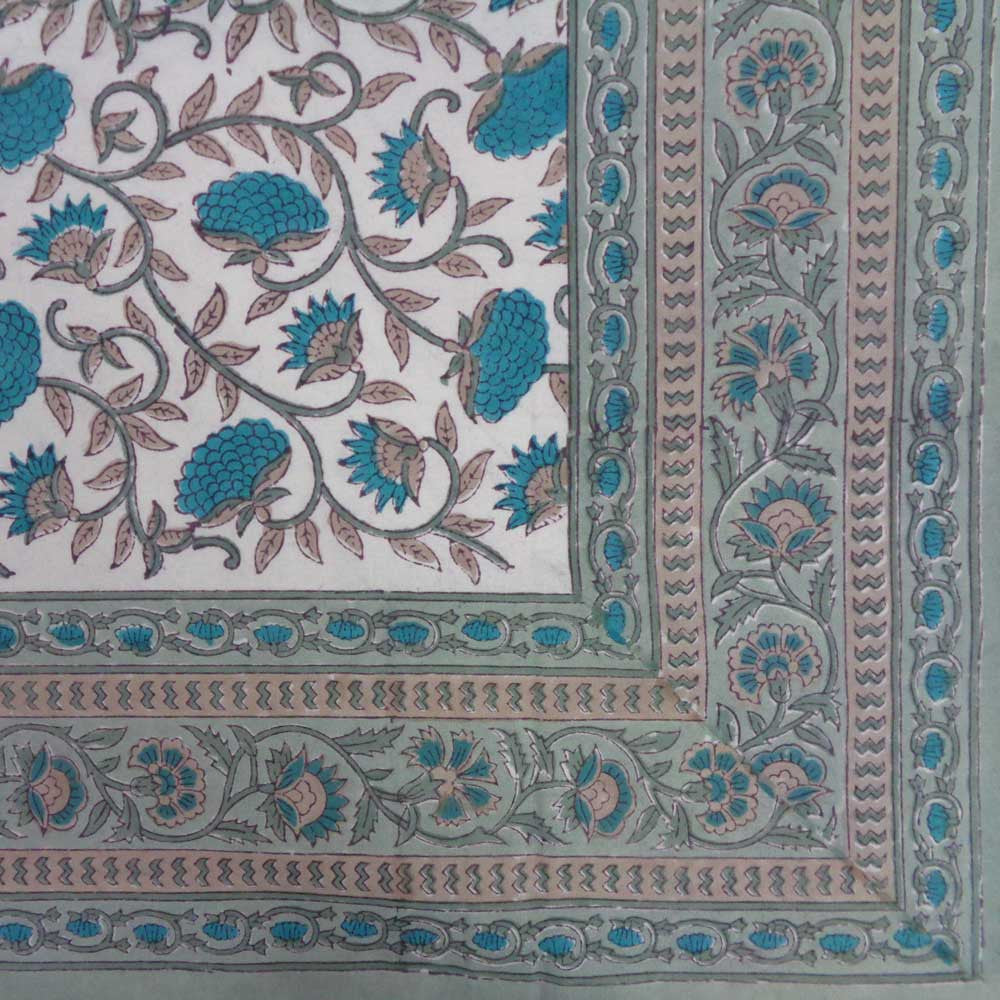 Hand Block Printed Cotton Tablecloth 150x220 cms | Blue Flower Open 203193