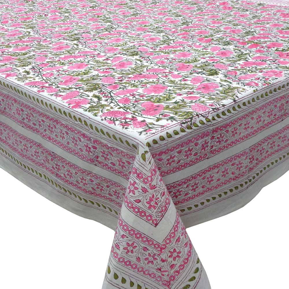 Hand Block Printed Cotton Tablecloth 150x220 cms | Bush Flower Pink 203787