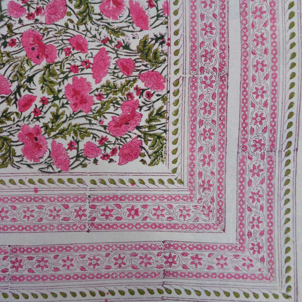 Hand Block Printed Cotton Tablecloth 150x220 cms | Bush Flower Pink 203787