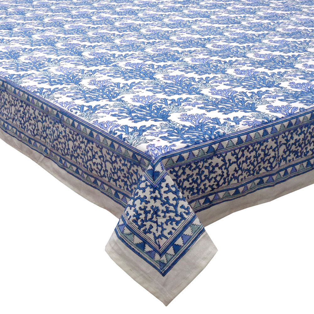Hand Block Printed Cotton Tablecloth 150x220 cms | Coral Multi Blue 502087