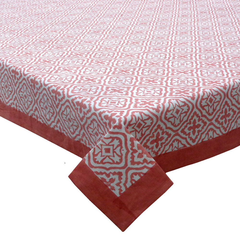 Hand Block Printed Cotton Tablecloth 150x220 cms | Cross Flower Jaipur Pink 302338