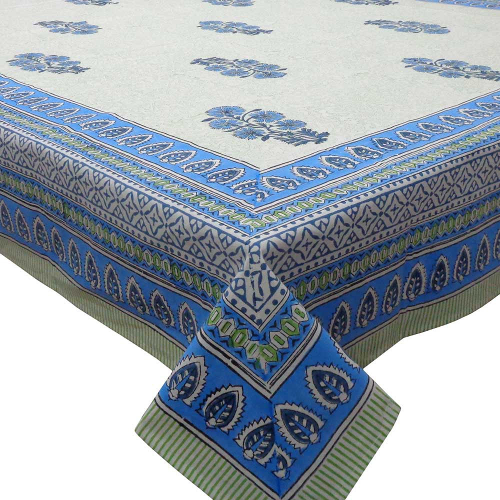 Hand Block Printed Cotton Tablecloth 150x220 cms | Desert Blossom Blue Boota Open 203171