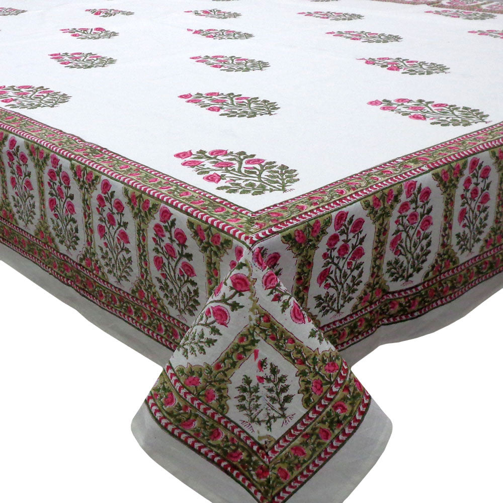 Hand Block Printed Cotton Tablecloth 150x220 cms | Floral Bale Pink Boota 203210