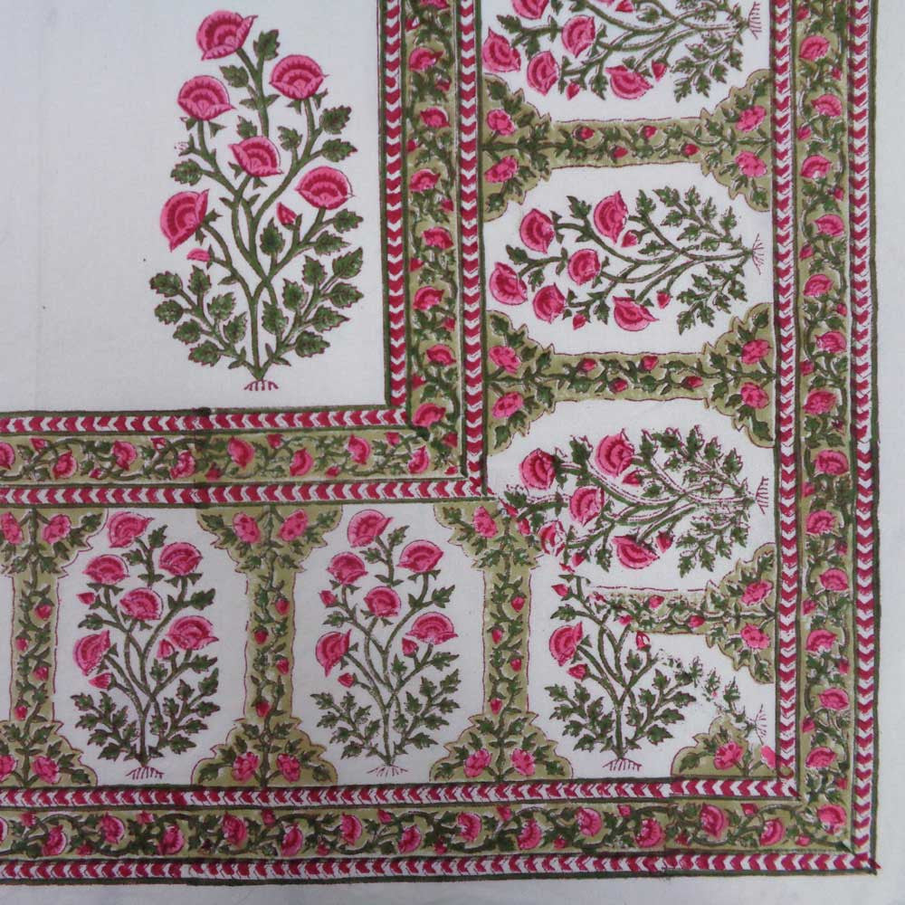Hand Block Printed Cotton Tablecloth 150x220 cms | Floral Bale Pink Boota 203210