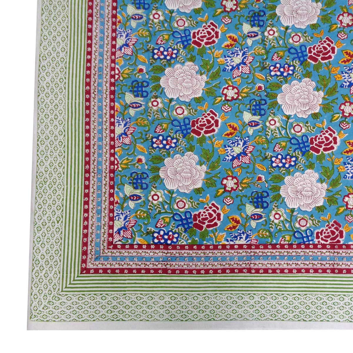 Hand Block Printed Cotton Tablecloth 150x220 cms | Floral Canvas Blue Jade Gud 206865