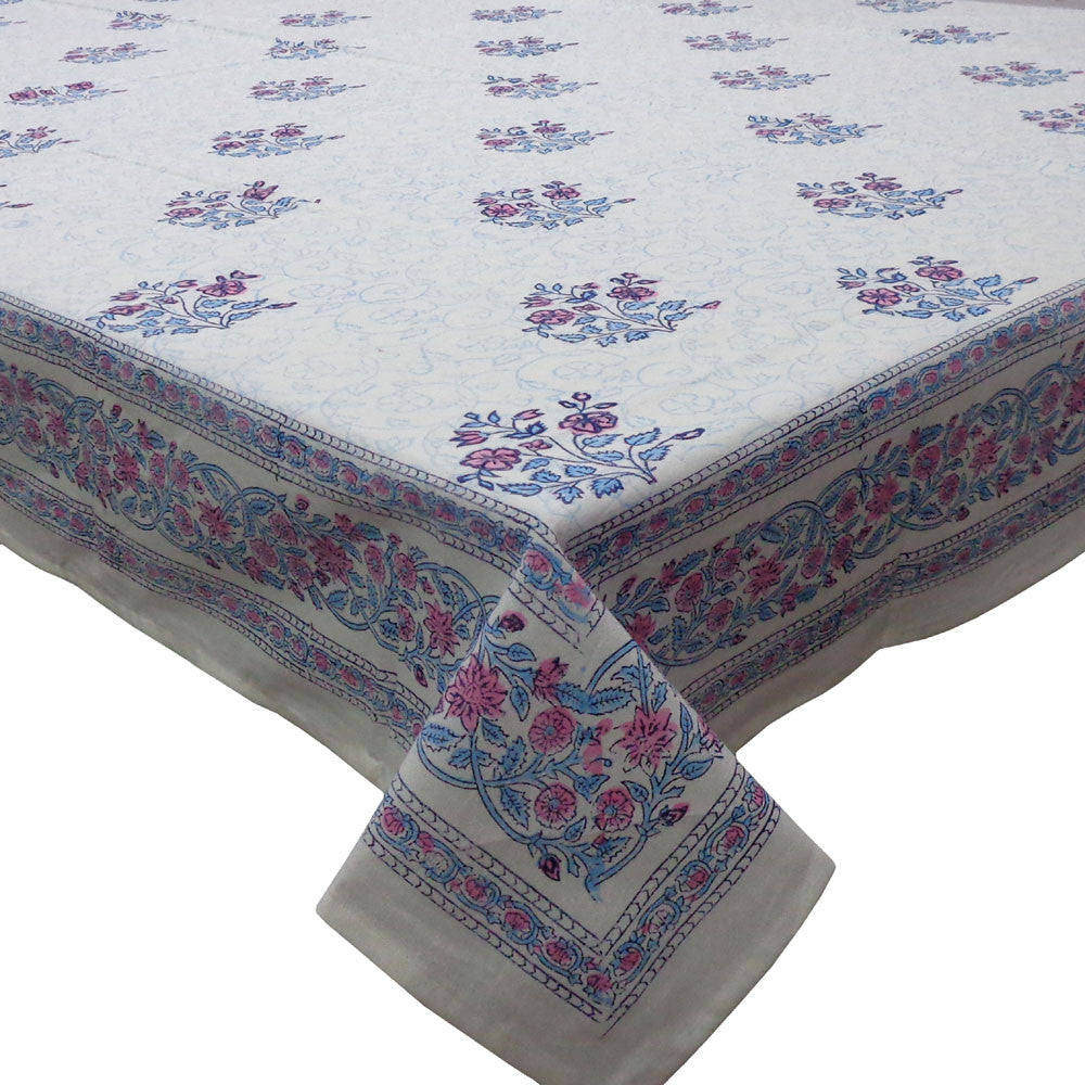 Hand Block Printed Cotton Tablecloth 150x220 cms | Floral Kali Pink Booti 203276