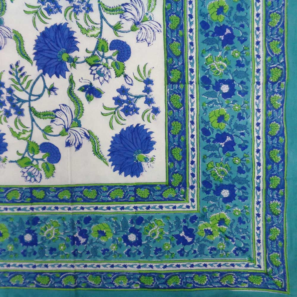 Hand Block Printed Cotton Tablecloth 150x220 cms | Flower Blossom Sea Green Open 100358