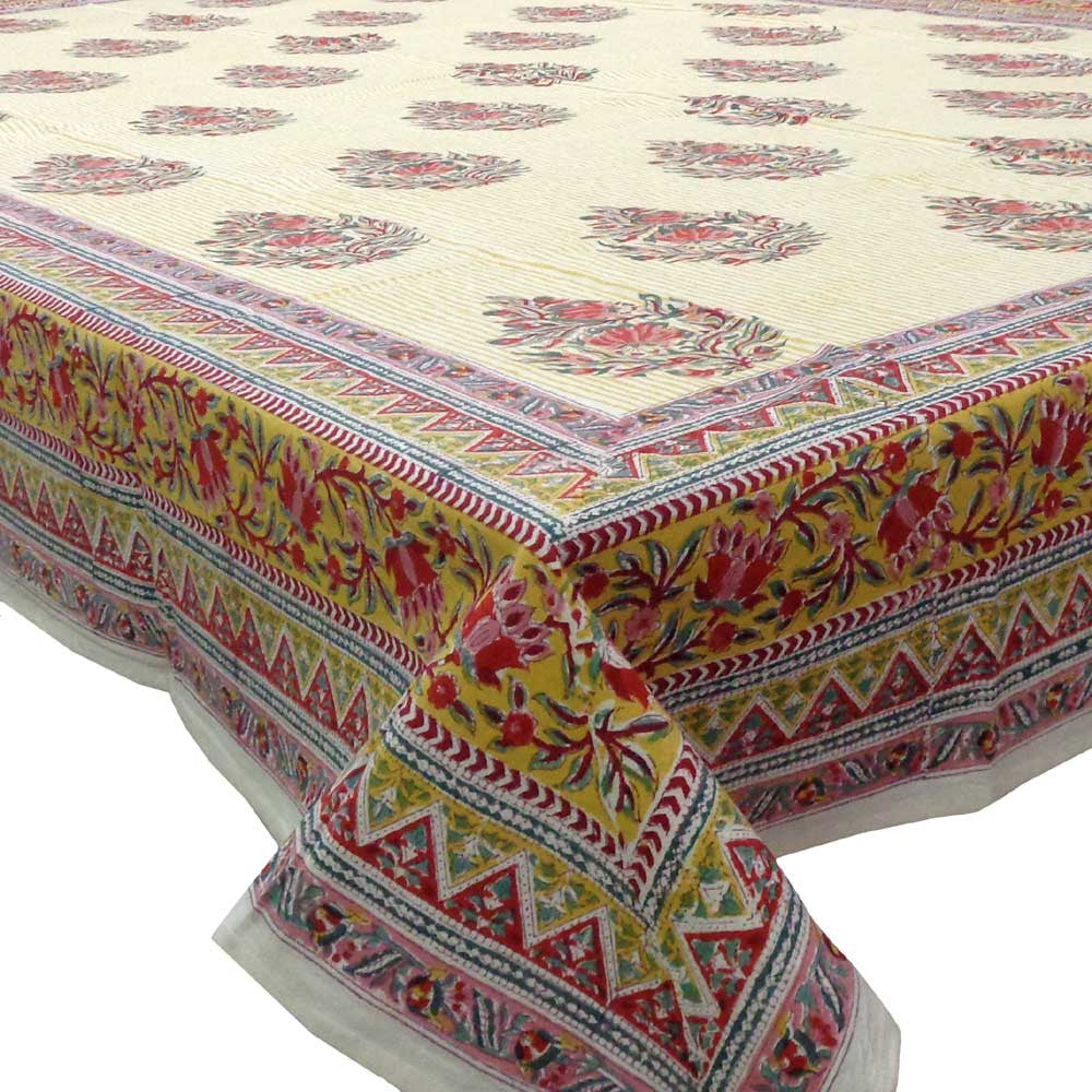 Hand Block Printed Cotton Tablecloth 150x220 cms | Frost Mustard Floral Boota 100983