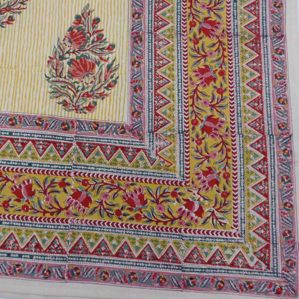 Hand Block Printed Cotton Tablecloth 150x220 cms | Frost Mustard Floral Boota 100983