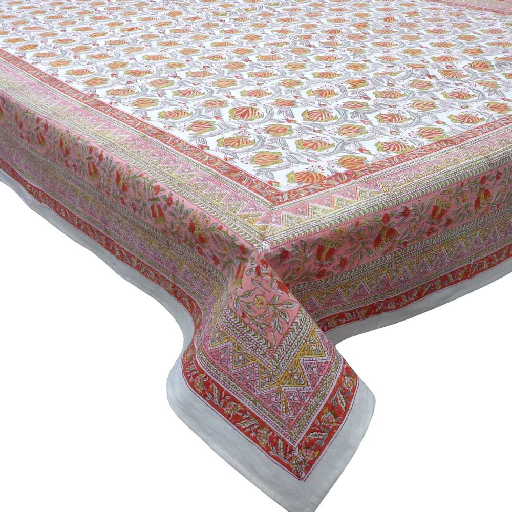 Hand Block Printed Cotton Tablecloth 150x220 cms | Frost Pink Floral Open 202815