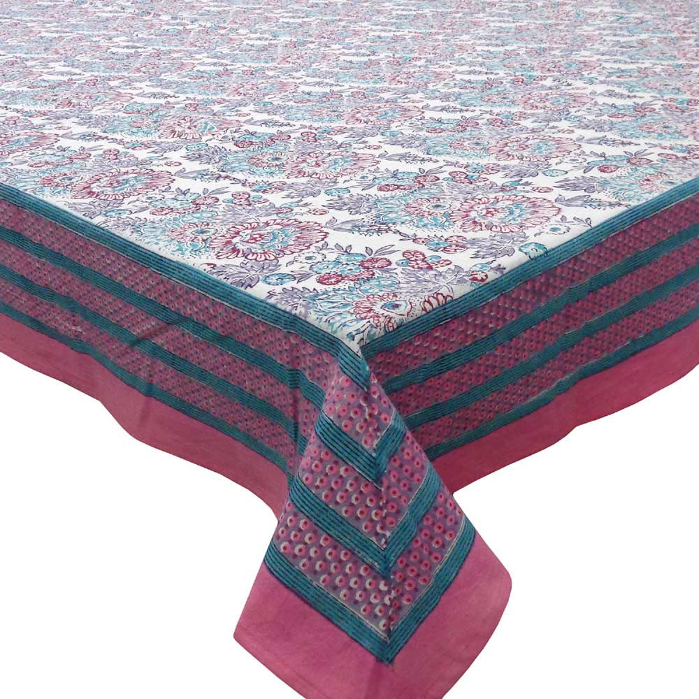 Hand Block Printed Cotton Tablecloth 150x220 cms | Gerbera Candy Open 203285